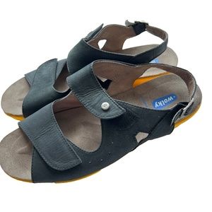 Wolky Leather Sandals 2 Strap Comfort Hook & Loop Black Yellow 41 US Size 9 1/2